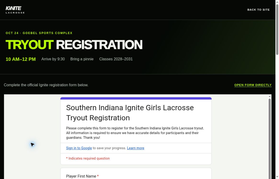 Southern Indiana Ignite public tryout registration page