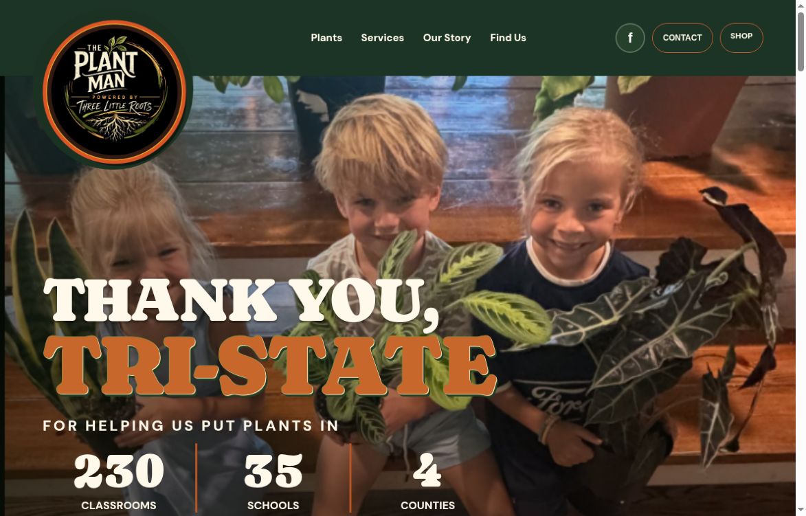 Actual Plant Man homepage with the Thank You, Tri-State hero